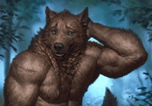 a werewolf with blue eyes scratches his head