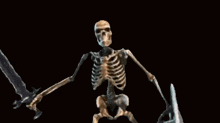 a skeleton is holding a sword and shield in his hands .