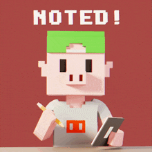 a cartoon character is holding a tablet and a pencil and the words noted above him