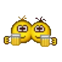 two smiley faces are toasting with beer mugs and the letters c and e are on their faces