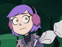 a cartoon character with purple hair and pink ear muffs