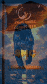 a panther is walking in front of a flag that says star music community