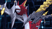 a red and white dragon with silver wings is standing in front of a building