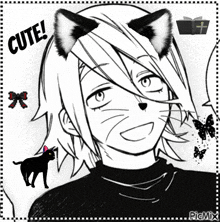 a black and white drawing of a person with cat ears and the words cute above them