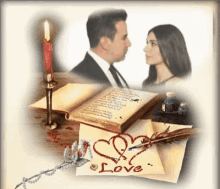 a man and a woman are looking at each other in front of an open book and a letter that says love