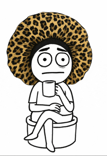 a cartoon of a person sitting on a toilet with a leopard print hat on