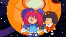 a group of cartoon characters standing in front of an orange object