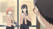 two anime girls are standing next to each other in front of a window