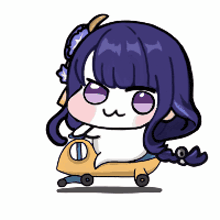a cartoon of a girl with purple hair riding a scooter .