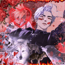 a picture of a man surrounded by wolves and hearts with picmix written on the bottom