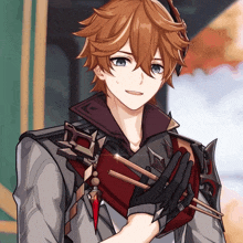 a close up of a anime character holding chopsticks in his hand