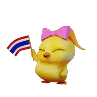 a yellow chicken with a pink bow on its head holding a flag