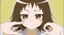 a cartoon girl with brown hair and yellow eyes
