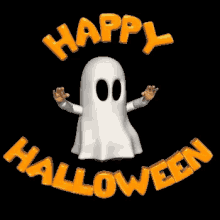 a cartoon ghost says happy halloween in orange letters on a black background