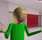 a cartoon character in a green shirt is standing in a hallway with red lockers