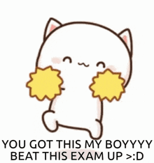 a cartoon cat is holding a yellow flower in its mouth and says `` you got this my boyyyy beat this exam up > d ''