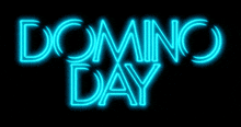 a neon sign that says domino day in blue on a black background