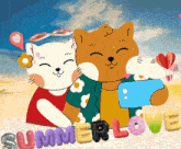 a cartoon drawing of two cats taking a selfie with the words summer love written below them