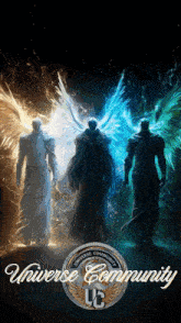 a poster with three angels and the words universe community