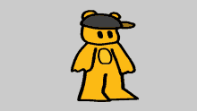 a yellow teddy bear wearing a black hat with a red stripe