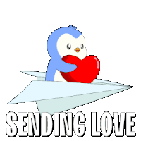 a penguin is holding a heart while flying on a paper airplane and the words sending love are below it