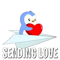 a penguin is holding a heart while flying on a paper airplane and the words sending love are below it