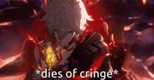 a cartoon character is holding a sword and the words `` dies of cringe '' are written on the bottom .