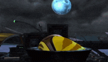 a cartoon character with a blue moon behind him