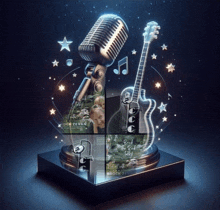 a microphone and a guitar are on a pedestal with the words rock the rock hotel