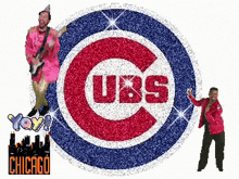 a chicago cubs logo with a clown and a man in front of it