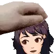 a hand is putting something on the head of a cartoon girl .