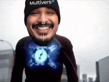 a man wearing a beanie that says multiverse on it