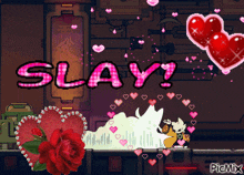 a picture of a video game with the word slay in pink letters