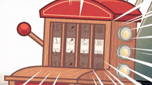 a cartoon drawing of a slot machine with a red top and a red handle