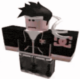 a roblox character wearing a black jacket and black pants is standing in front of a white background .