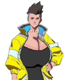 a cartoon character with a very large breast is wearing a yellow jacket and a black shirt .