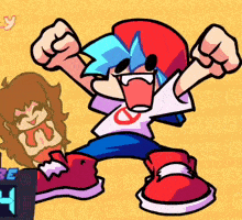 a cartoon drawing of a boy with his fist in the air and a girl behind him that says good good