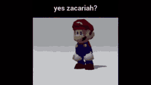 a cartoon character is standing on a white surface with the words `` yes zacariah '' above him .