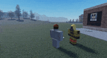 two roblox characters standing next to each other in front of a brick wall with a picture of spongebob on it