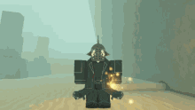 a video game character is standing in a room with a helmet on his head