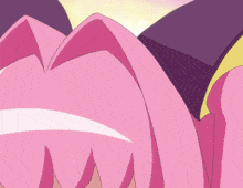 a close up of a pink haired anime character with blue eyes