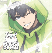 a picture of a boy with a green hoodie and the words " isagi de mai " on the bottom