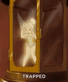 tinkerbell is trapped in a glass box in a cartoon .