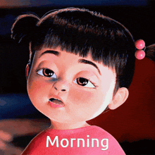 a cartoon girl with pigtails and the word morning on the bottom
