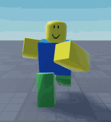 a roblox character with a smiley face is walking