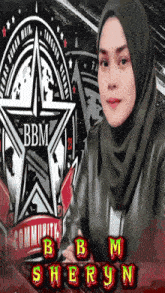 a woman wearing a hijab stands in front of a bbm community logo