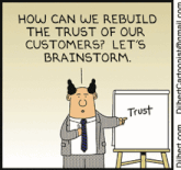 a cartoon of a man pointing at a white board that says " trust "