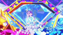 a girl in a colorful dress is standing in front of a huge diamond .