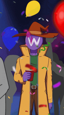 a cartoon character with the letter w on his face is holding a red cup