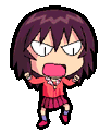 a pixel art drawing of a girl with purple hair and a red skirt .